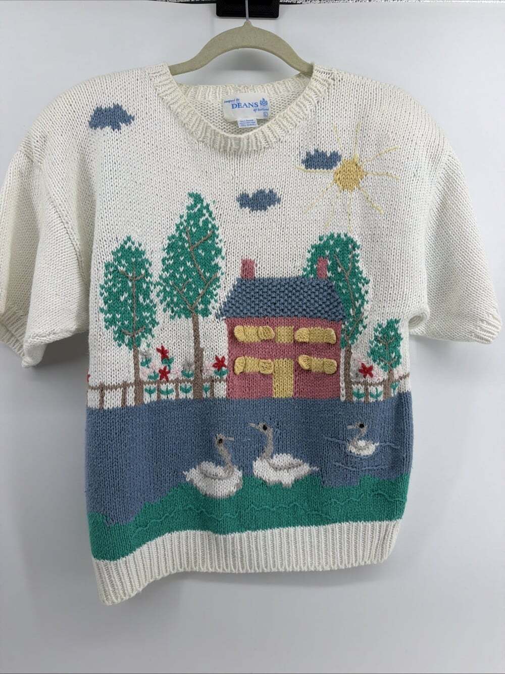Vintage Deans Of Scotland Sweater Womens Large Novelty Pond Scene Swans Swimming